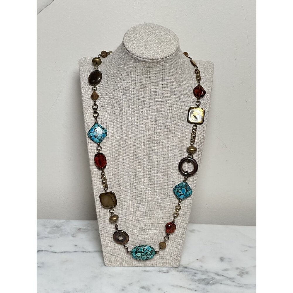 Boho Statement Necklace Turquoise Look Amber Beads Long Chain Vintage 27" - Picture 8 of 8